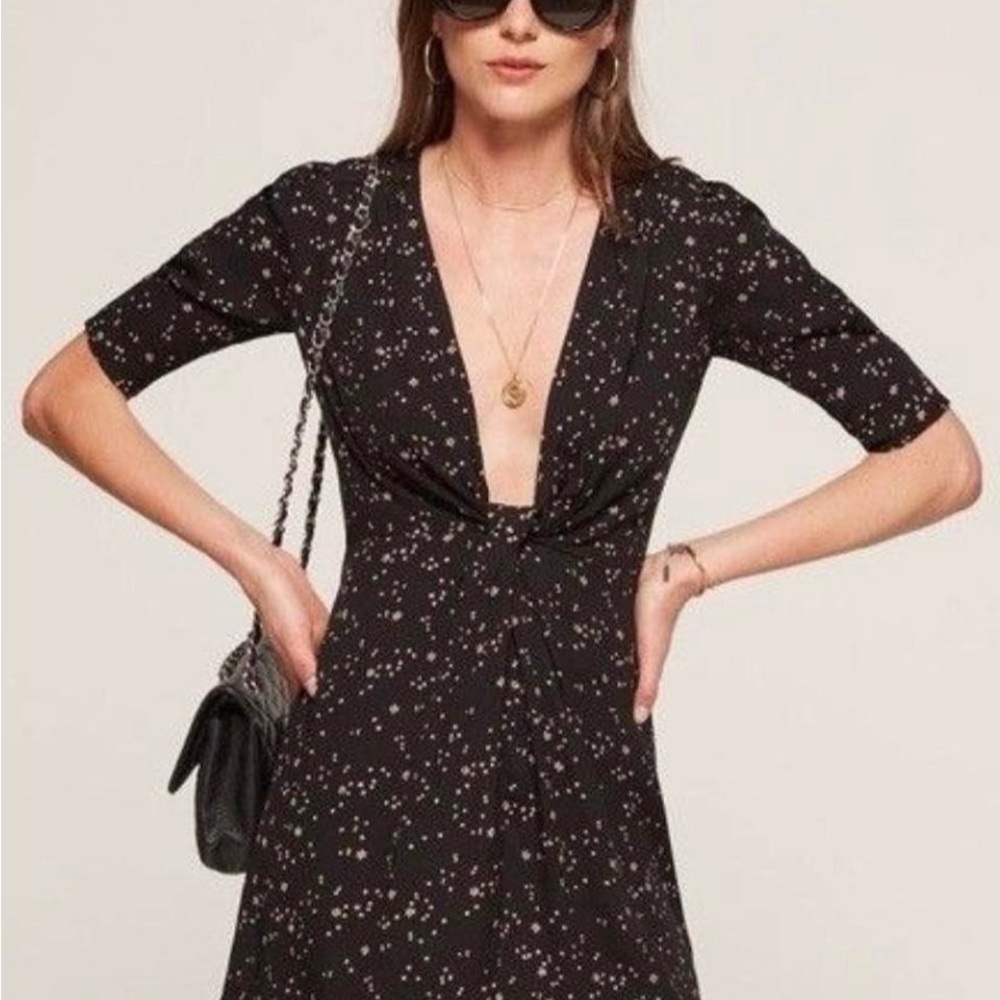 Reformation Black Floral Twist-Front Midi Dress